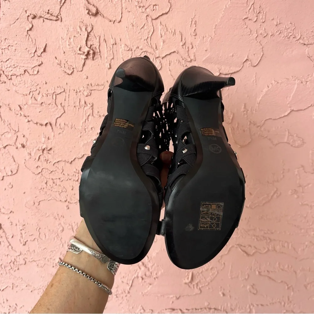 Michael Kors Leather Caged Studs Open Toe Booties Black Womens 7.5